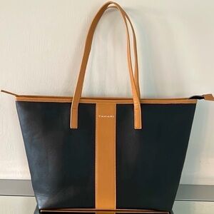 Tahari Kristen Black & Tan Faux Leather Work Laptop Bag NWT Retail$118